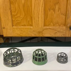 Set of 3 Vintage Metal Cage Flower Frogs Only.   White Tray Not Included.